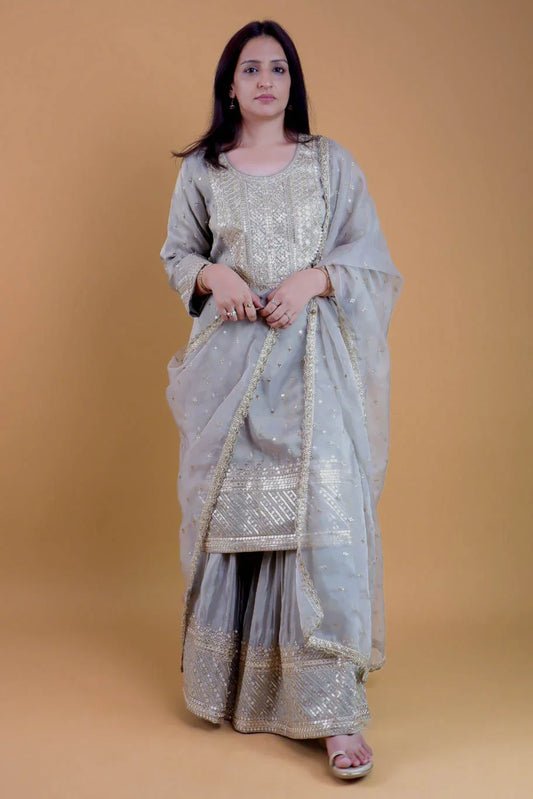DH 145-G-Elegant Grey Embroidered Tissue Shimmer Suit Set - Dharini's Store