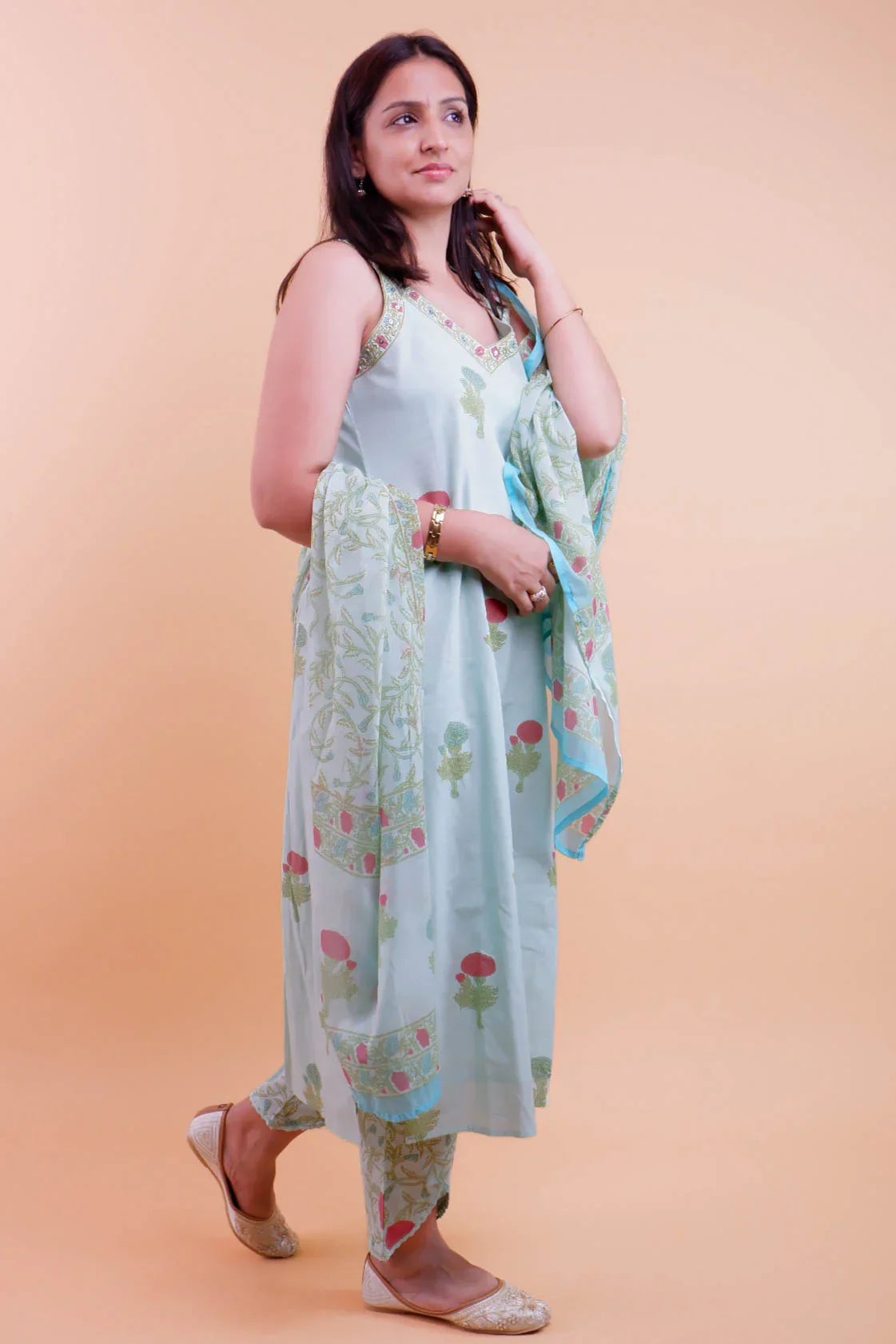 DH 124-B-Soft Mint Green Suit with Floral Print & Dupatta - Dharini's Store