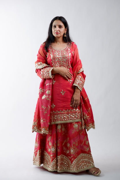 DH238-Deep Red Suit With Heavy Golden Embroidery & Floral Dupatta