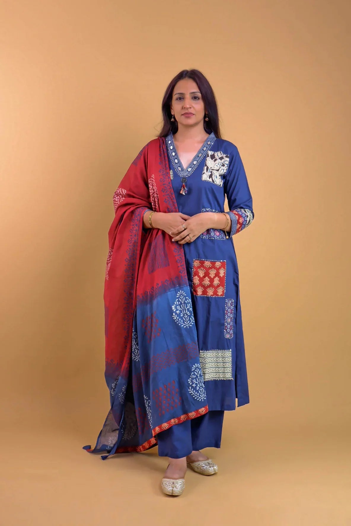 DH 126-B- Navy Blue and Red suit with pocket in front - Dharini's Store