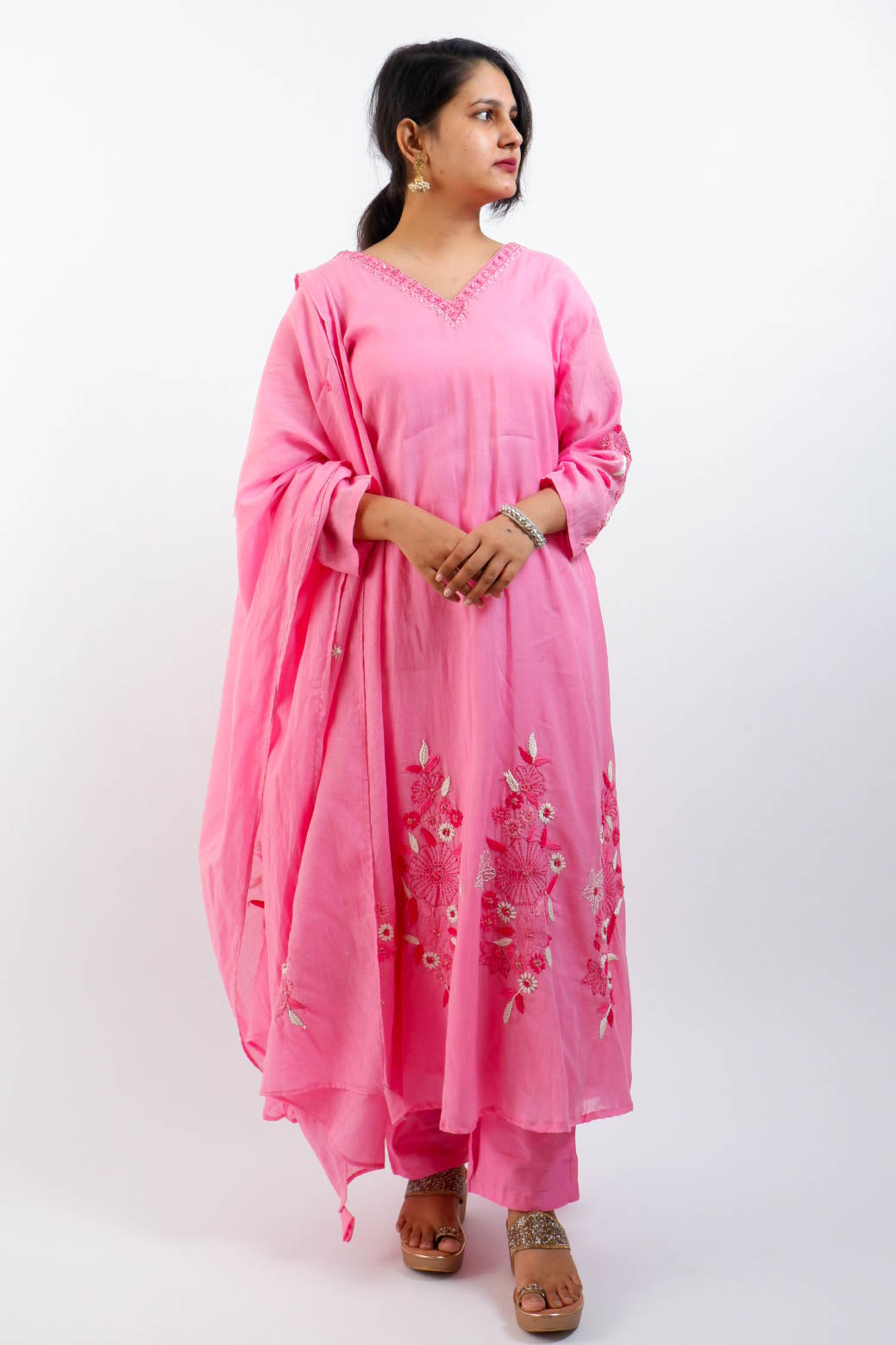 DH 164-P-Pink Mul Chanderi Kurta Set - Dharini's Store
