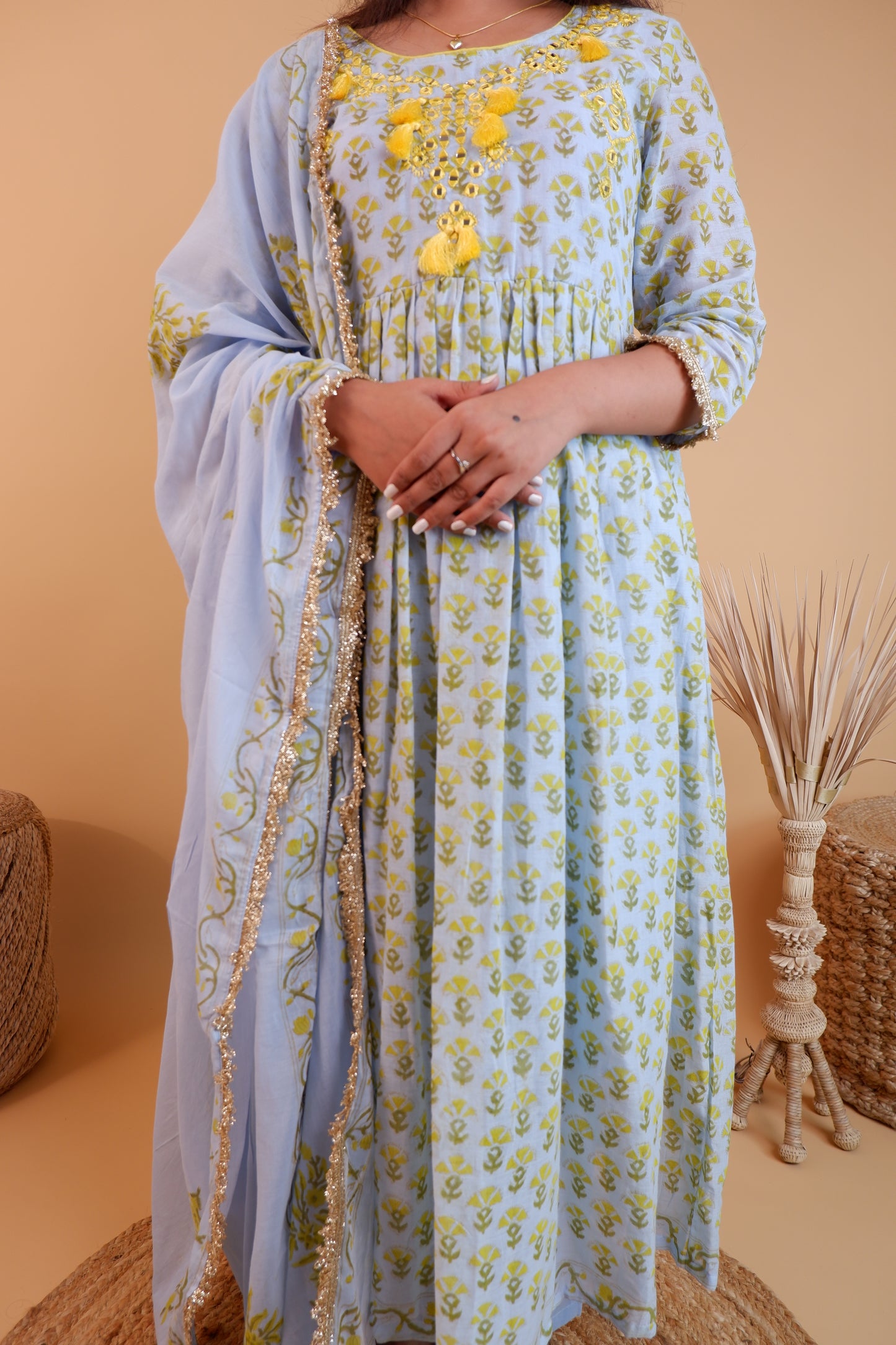 DHO108B- Floral Printed Mirror Work Anarkali Suit with Dupatta