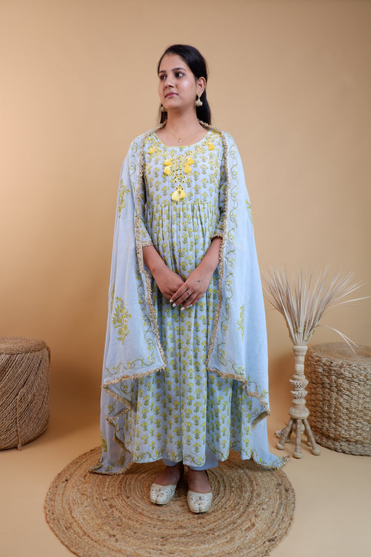 DHO108B- Floral Printed Mirror Work Anarkali Suit with Dupatta