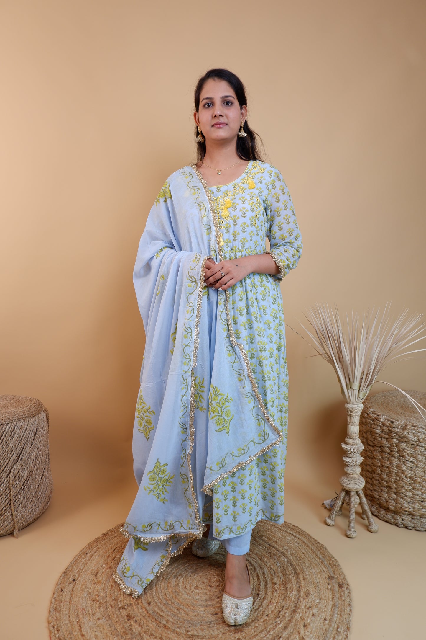 DHO108B- Floral Printed Mirror Work Anarkali Suit with Dupatta