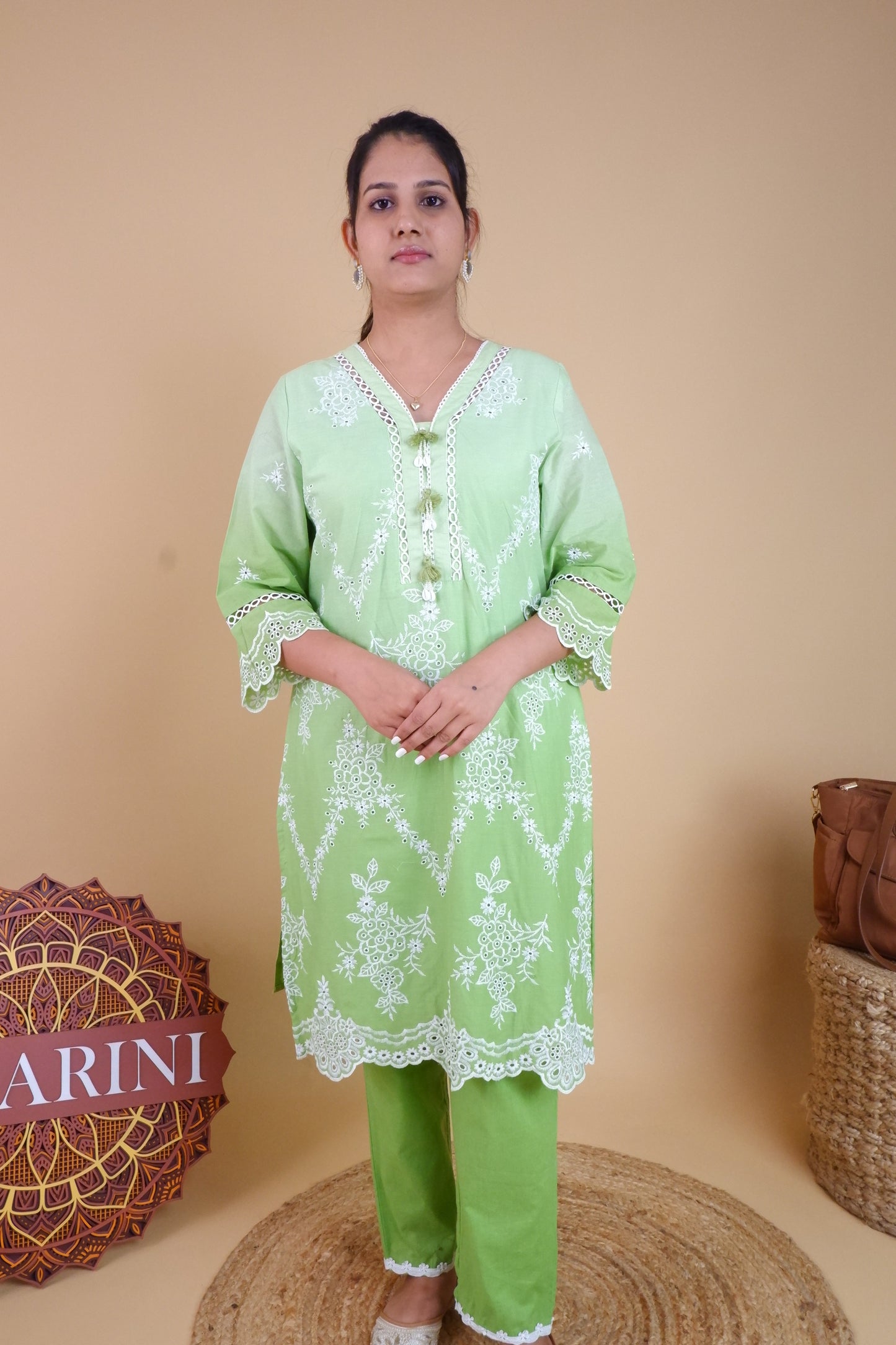 DH169G-Light Green Embroidered Kurta and Pants Set