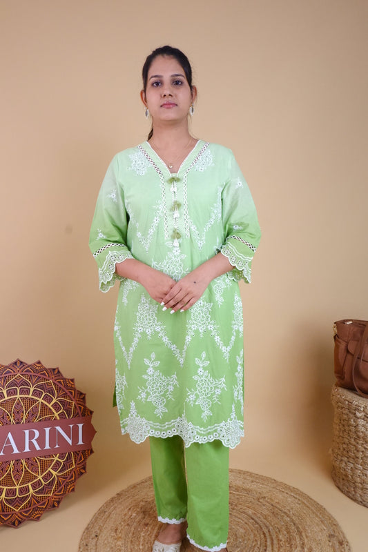 DH169G-Light Green Embroidered Kurta and Pants Set