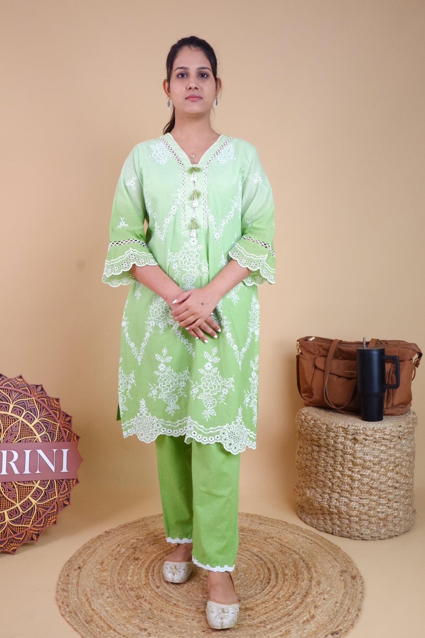 DH169G-Light Green Embroidered Kurta and Pants Set