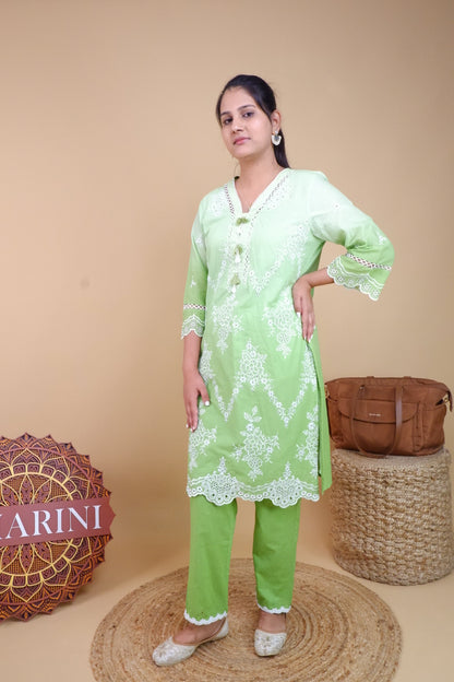 DH169G-Light Green Embroidered Kurta and Pants Set