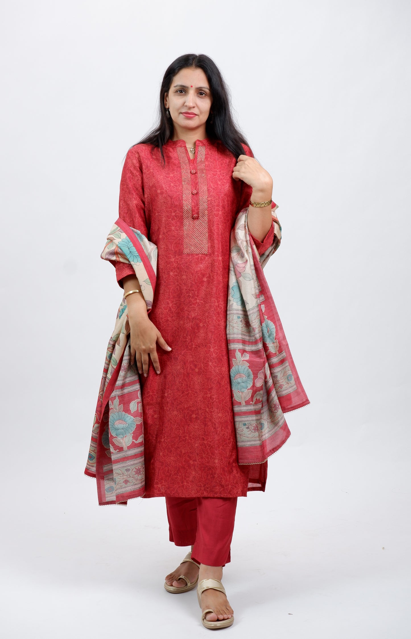 DH230-Rust Red Suit With Multicolor Floral  Dupatta