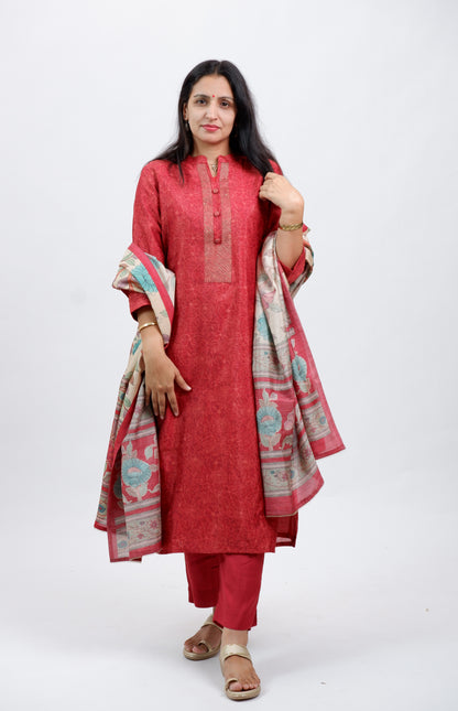 DH230-Rust Red Suit With Multicolor Floral  Dupatta
