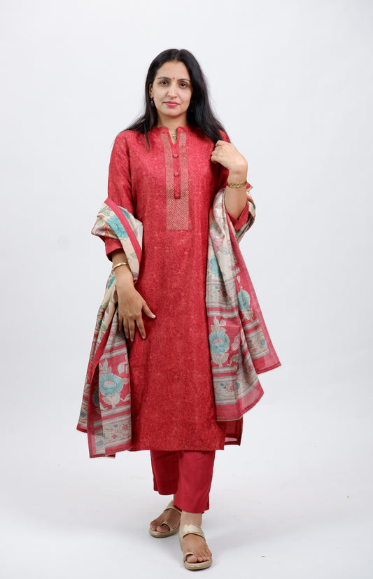 DH230-Rust Red Suit With Multicolor Floral  Dupatta