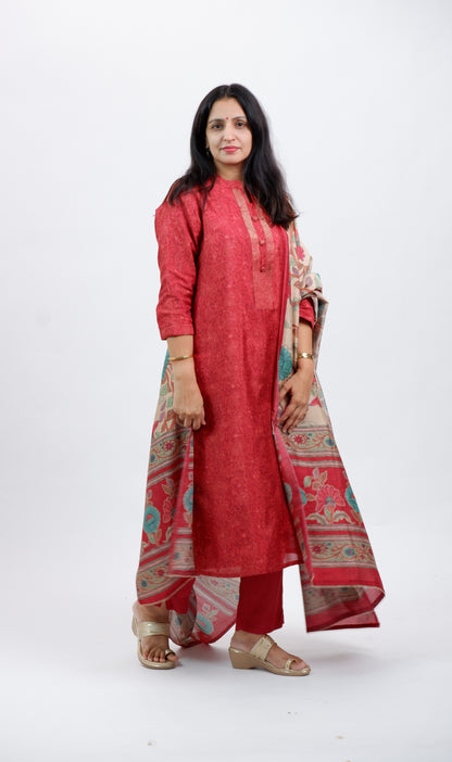 DH230-Rust Red Suit With Multicolor Floral  Dupatta