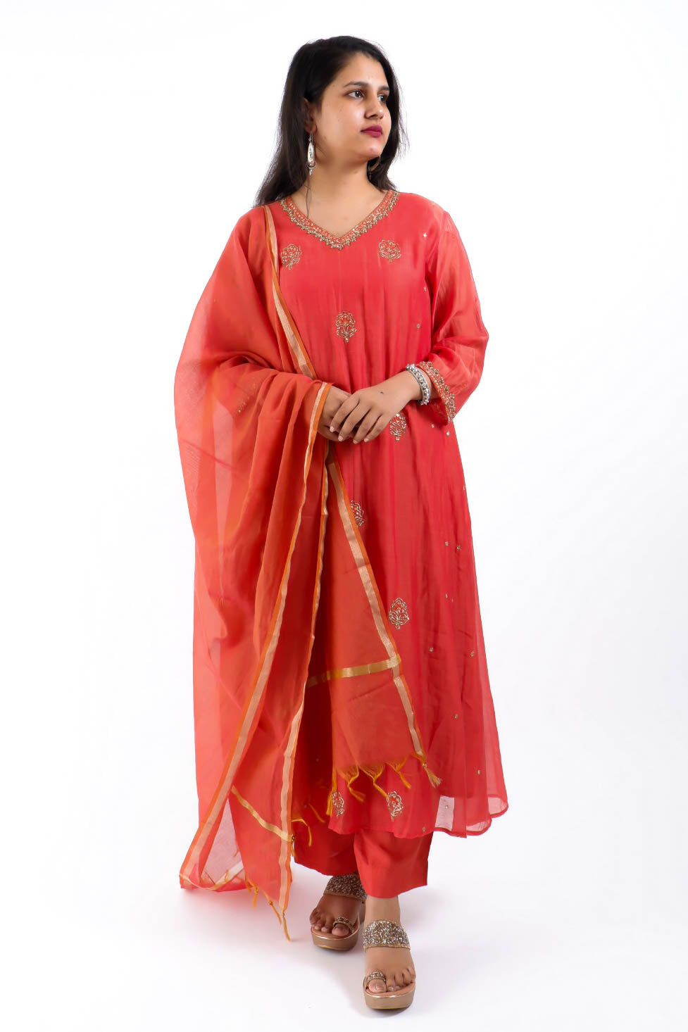 DH176-R-Rust colour Embroidered Kurta Set - Dharini's Store