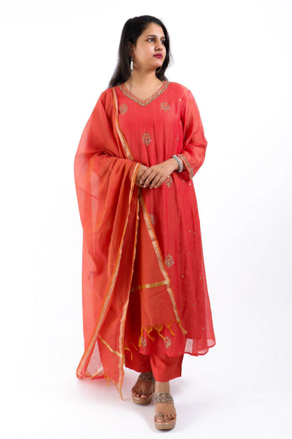 DH176-R-Rust colour Embroidered Kurta Set - Dharini's Store
