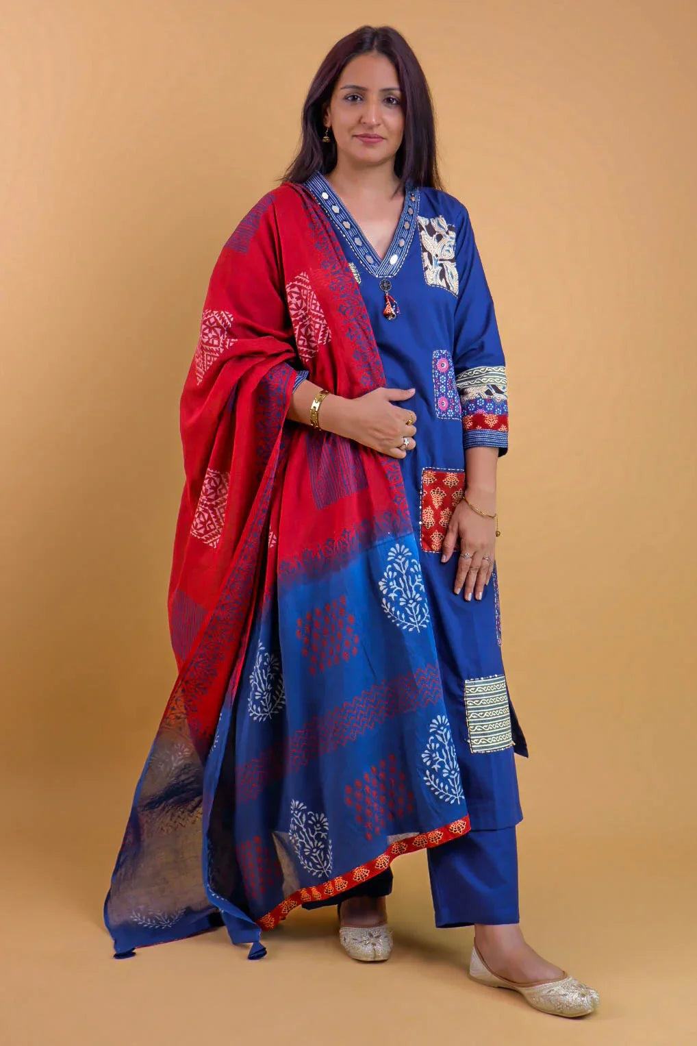 DH 126-B- Navy Blue and Red suit with pocket in front - Dharini's Store