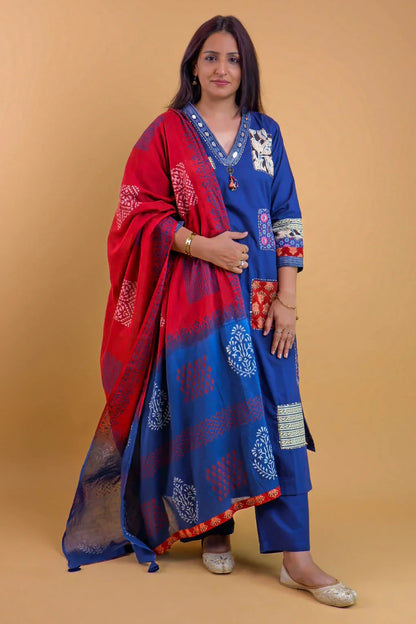 DH 126-B- Navy Blue and Red suit with pocket in front - Dharini's Store