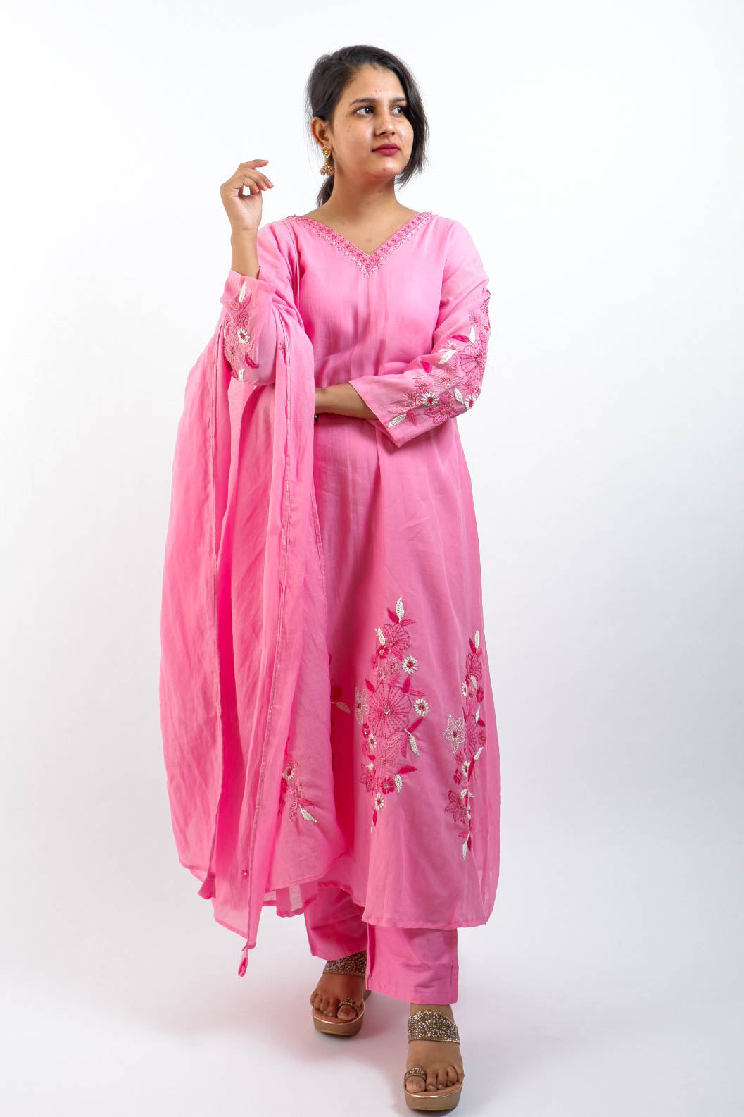 DH 164-P-Pink Mul Chanderi Kurta Set - Dharini's Store