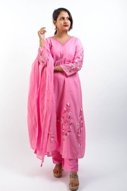 DH 164-P-Pink Mul Chanderi Kurta Set - Dharini's Store