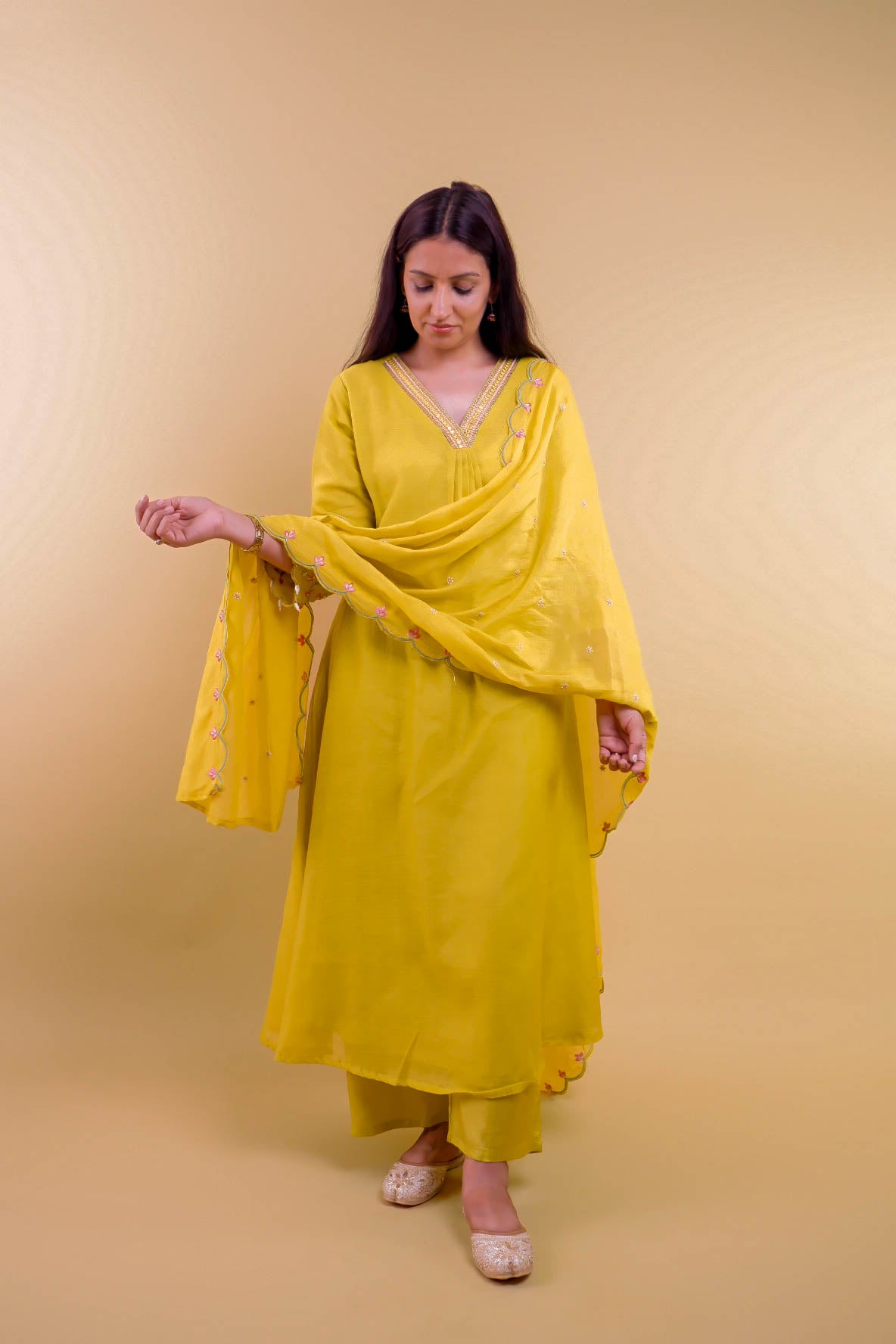 DH173-YG-Elegant Lime Yellow Mul Chanderi Suit Set with Embroidered Dupatta - Dharini's Store