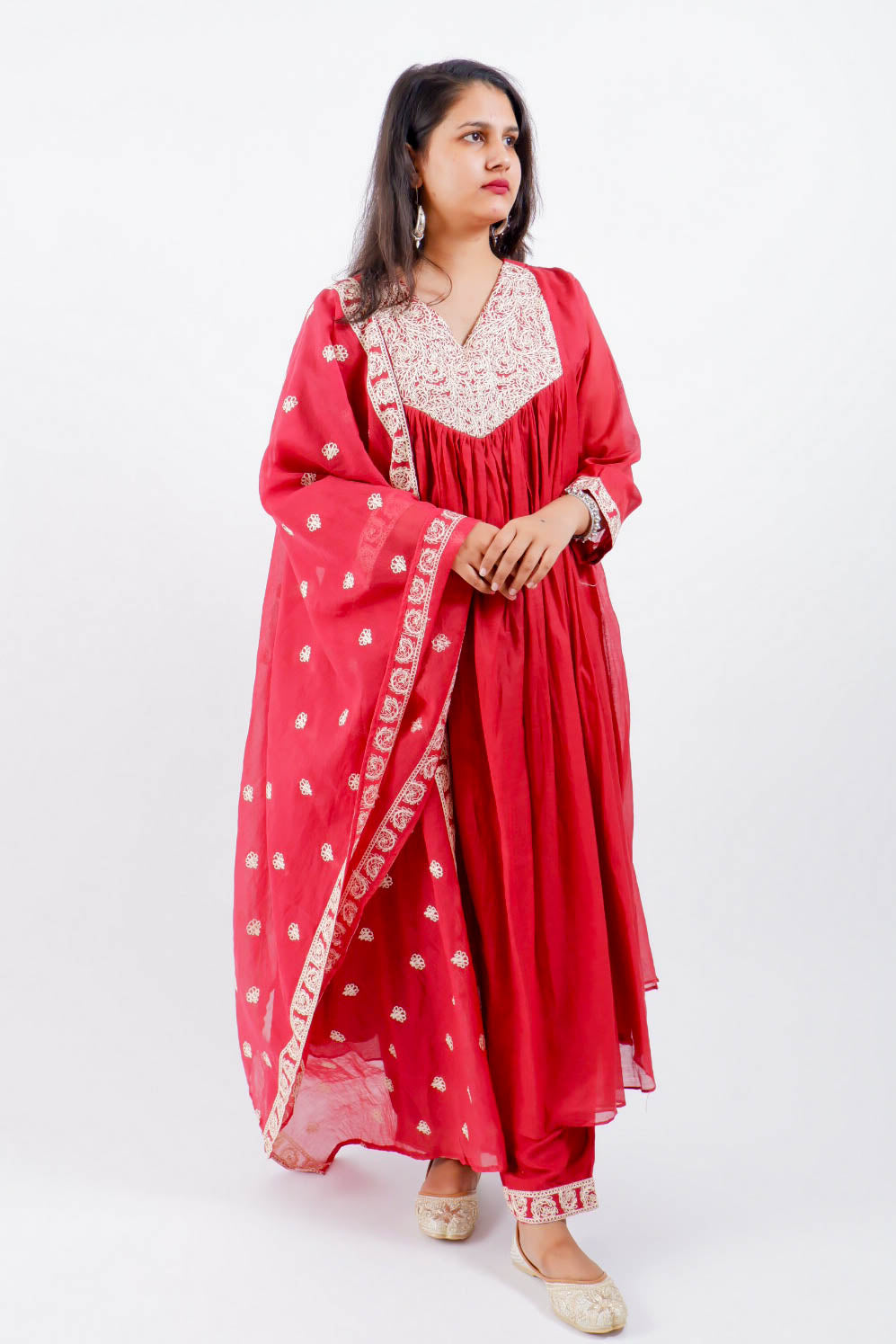 DH182-Crimson Red Embroidered Anarkali Set - Dharini's Store