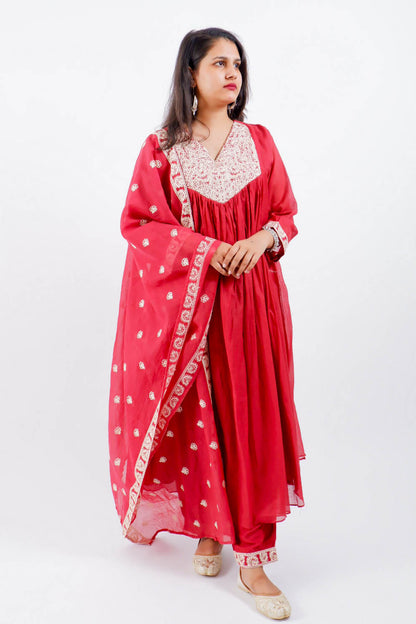DH182-Crimson Red Embroidered Anarkali Set - Dharini's Store