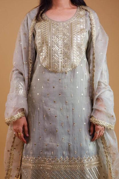 DH 145-G-Elegant Grey Embroidered Tissue Shimmer Suit Set - Dharini's Store