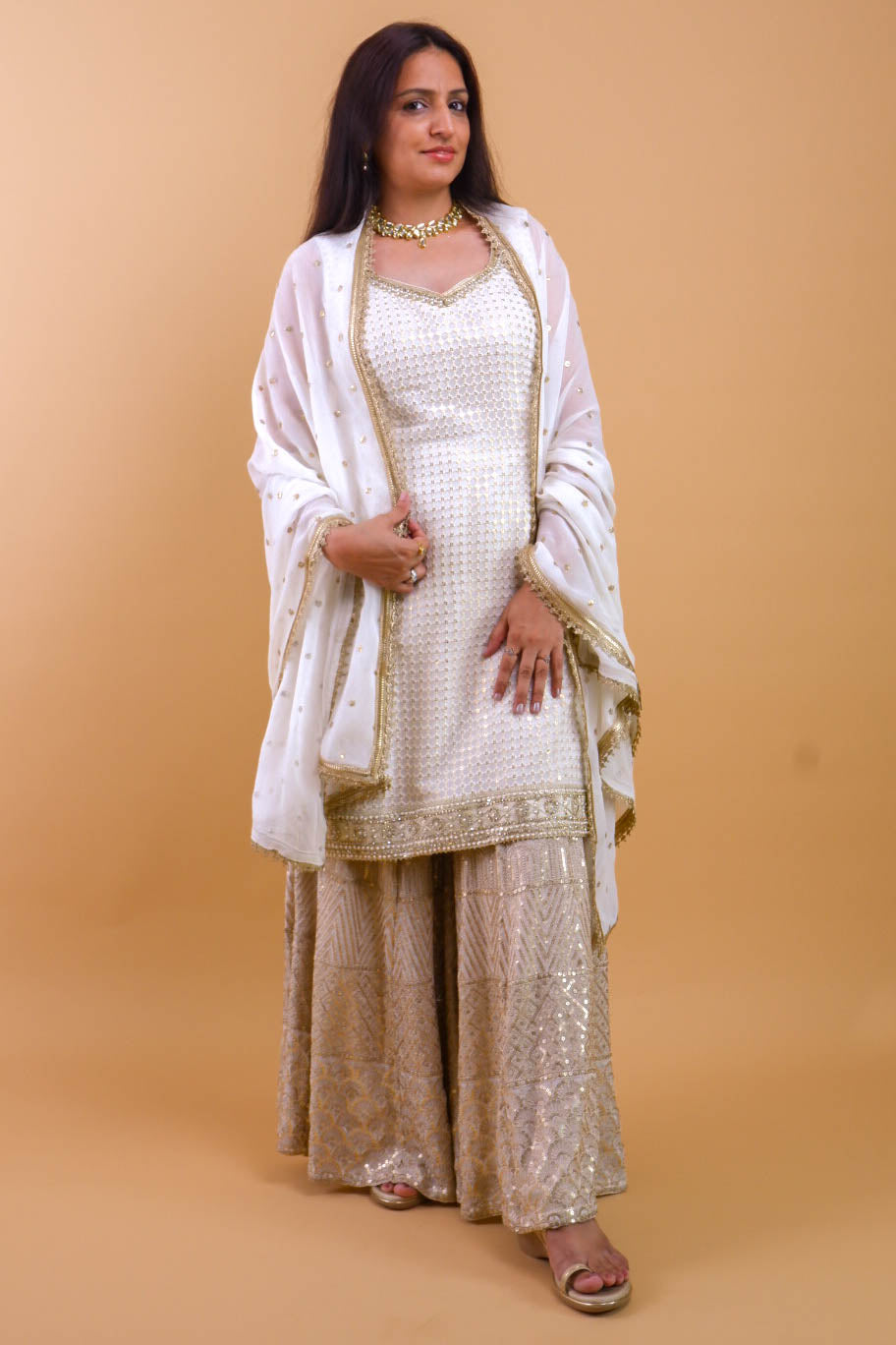 DH 144-Ivory Georgette Sharara Set - Dharini's Store