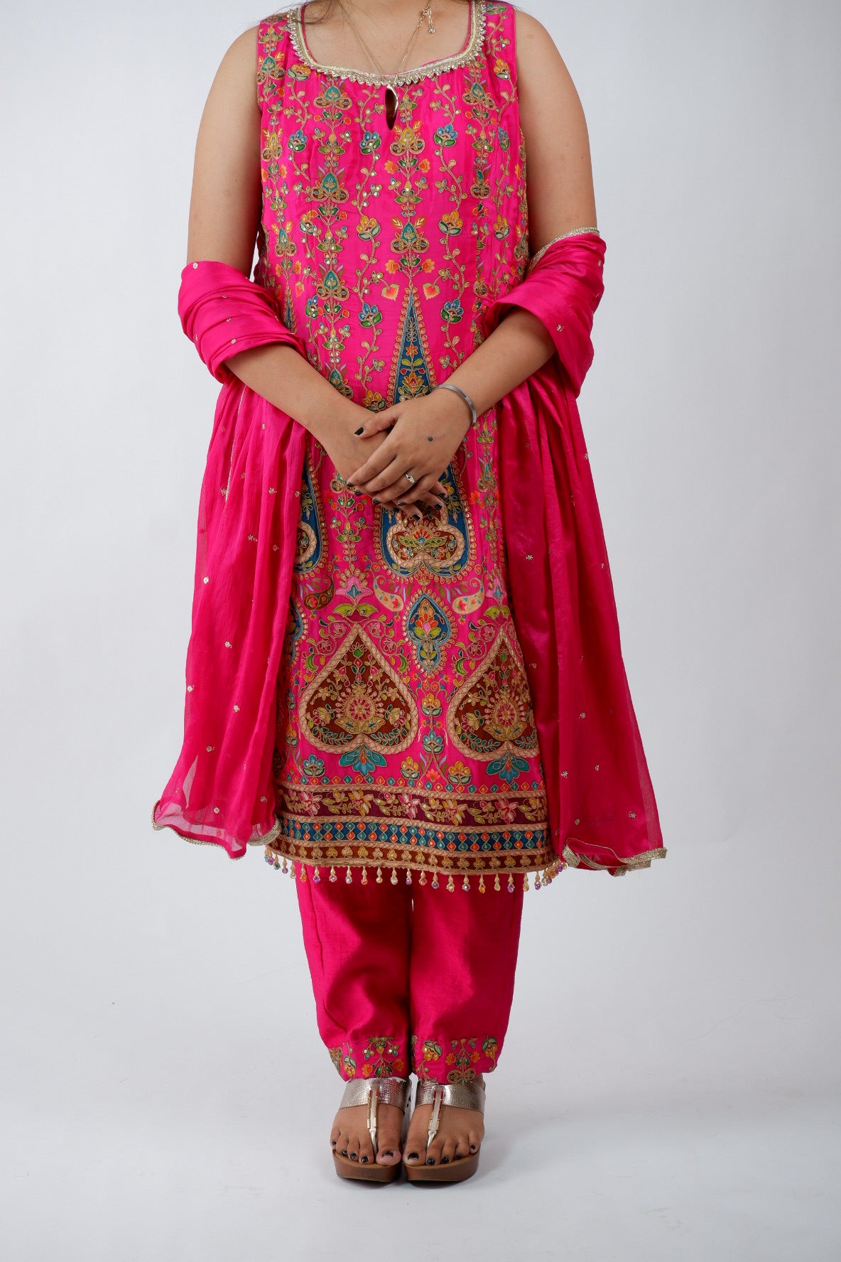 DH221-Vibrant Pink Embroidered 3-Piece Suit with Heavy Detailing