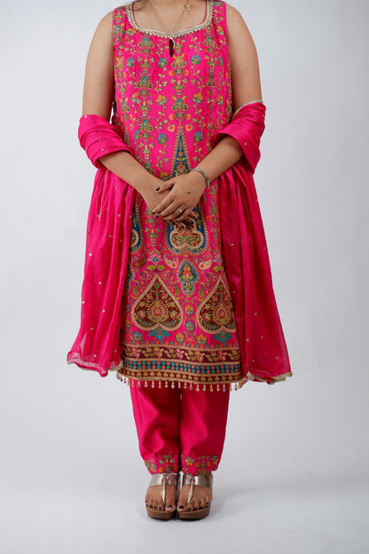 DH221-Vibrant Pink Embroidered 3-Piece Suit with Heavy Detailing