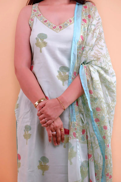 DH 124-B-Soft Mint Green Suit with Floral Print & Dupatta - Dharini's Store