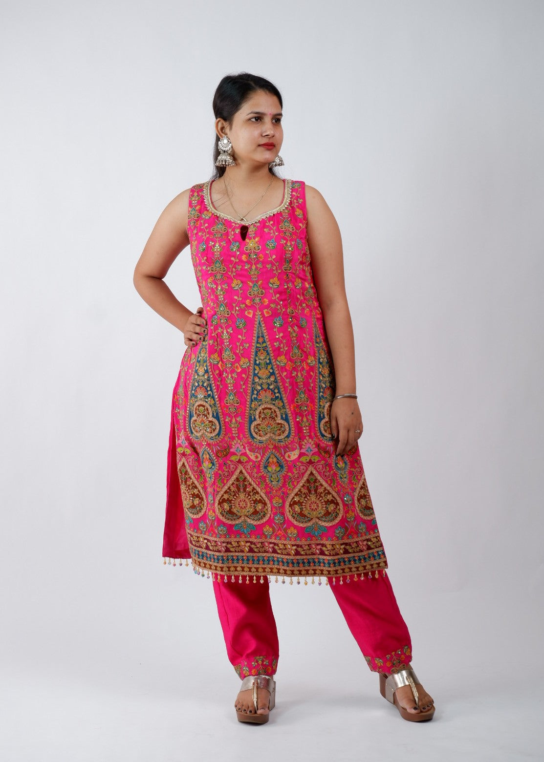 DH221-Vibrant Pink Embroidered 3-Piece Suit with Heavy Detailing