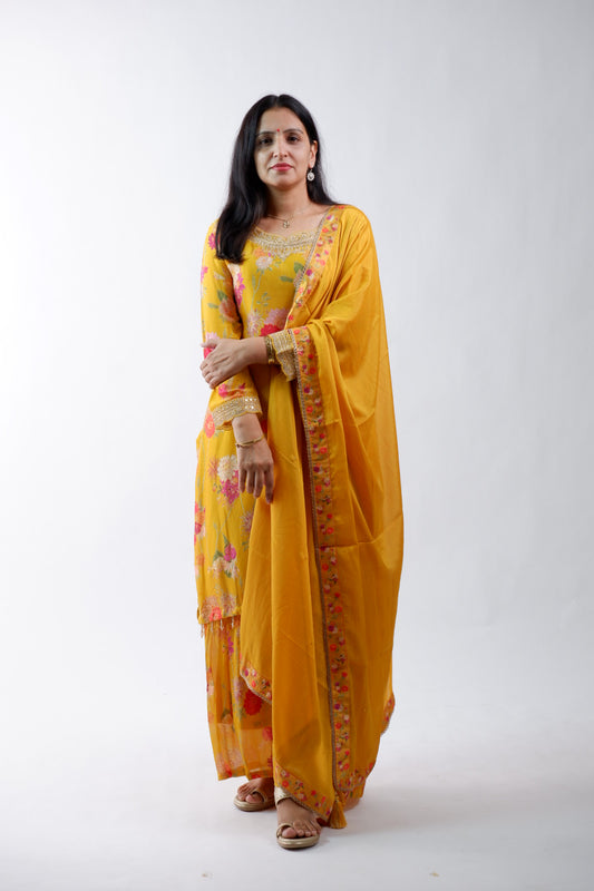 DH231-Mustard Yellow Floral Suit with Embellished Neckline & Dupatta