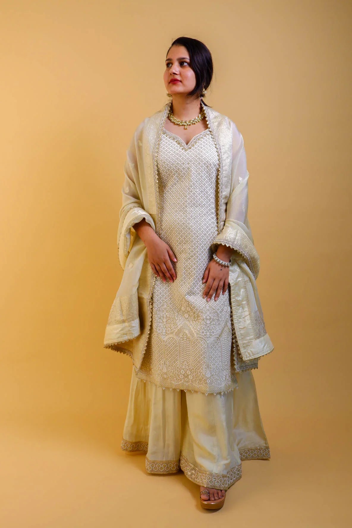 DH 147-Classic Golden Beige Embroidered Suit Set - Dharini's Store