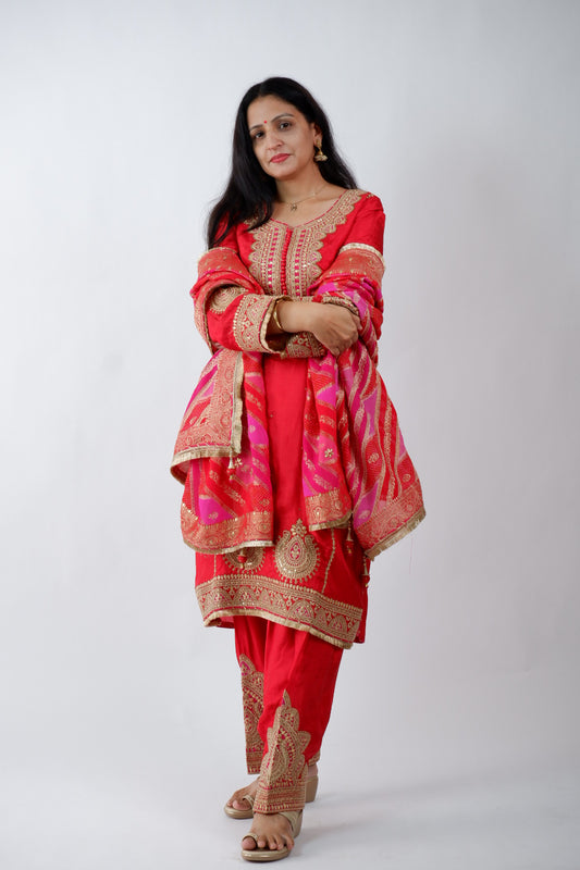 DH235-Classic Red Suit With Golden Embroidery And contrast Red Border