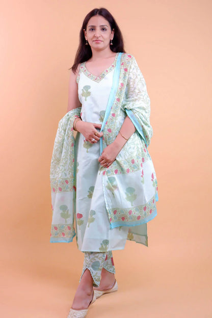 DH 124-B-Soft Mint Green Suit with Floral Print & Dupatta - Dharini's Store