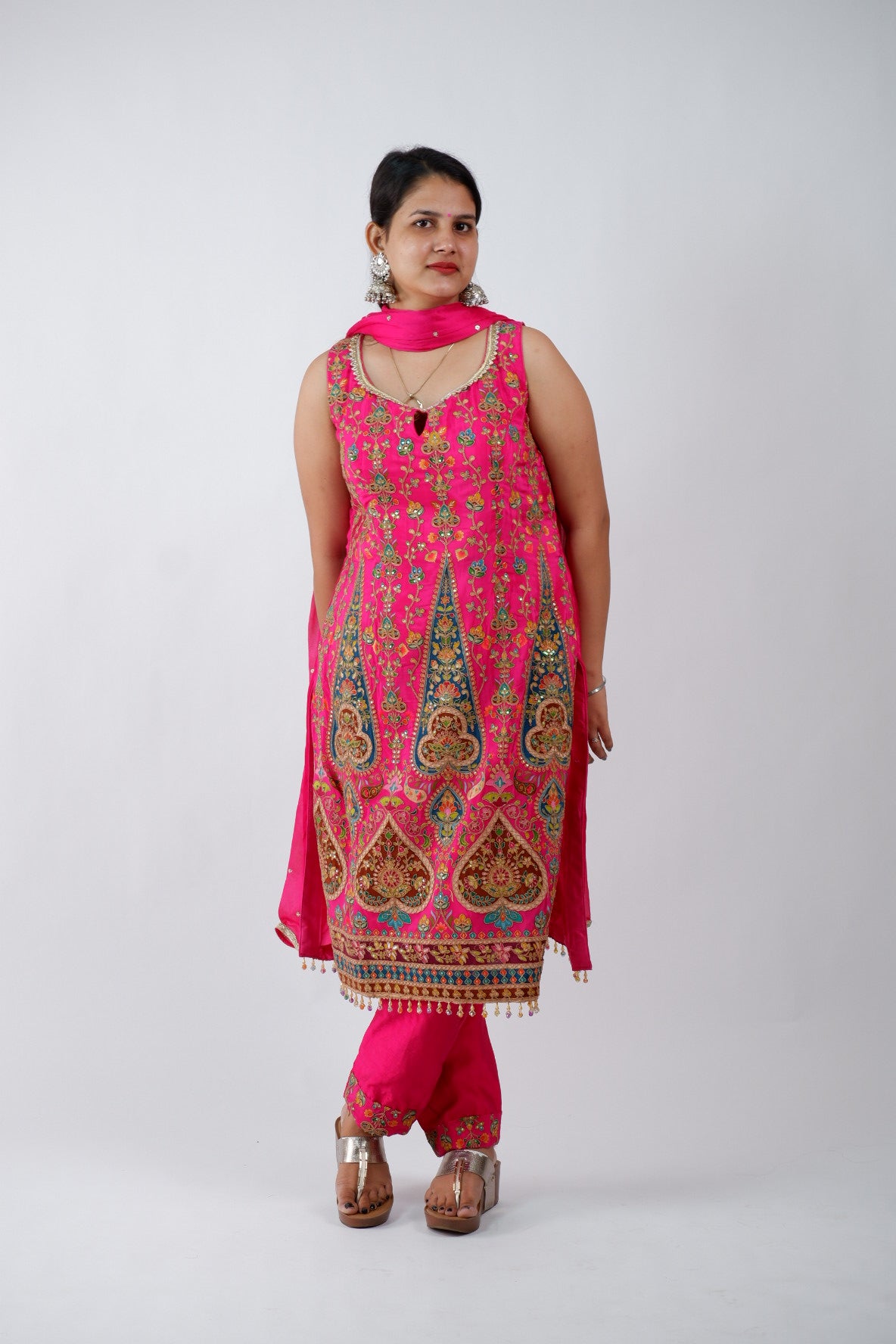 DH221-Vibrant Pink Embroidered 3-Piece Suit with Heavy Detailing