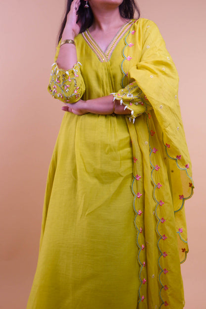 DH173-YG-Elegant Lime Yellow Mul Chanderi Suit Set with Embroidered Dupatta - Dharini's Store