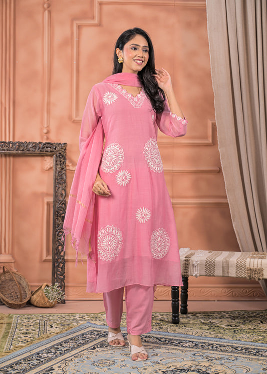 DH202- Chic Pink Embroidered Suit Set