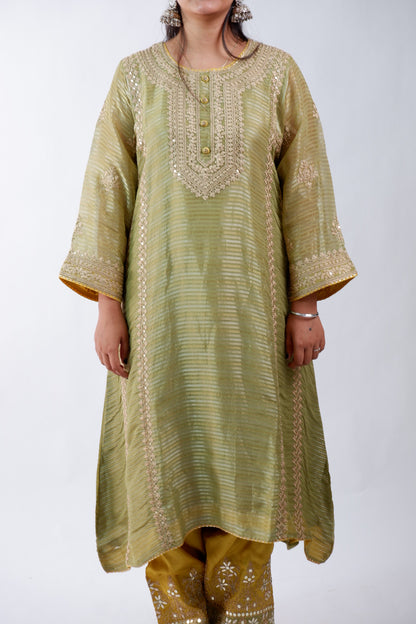DH234-Olive GreenSuit With Intricate Golden Embroidery & Potli bag