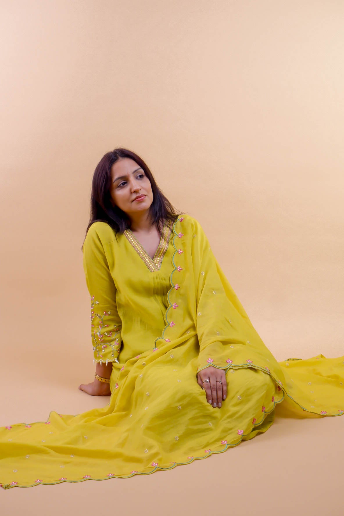 DH173-YG-Elegant Lime Yellow Mul Chanderi Suit Set with Embroidered Dupatta - Dharini's Store