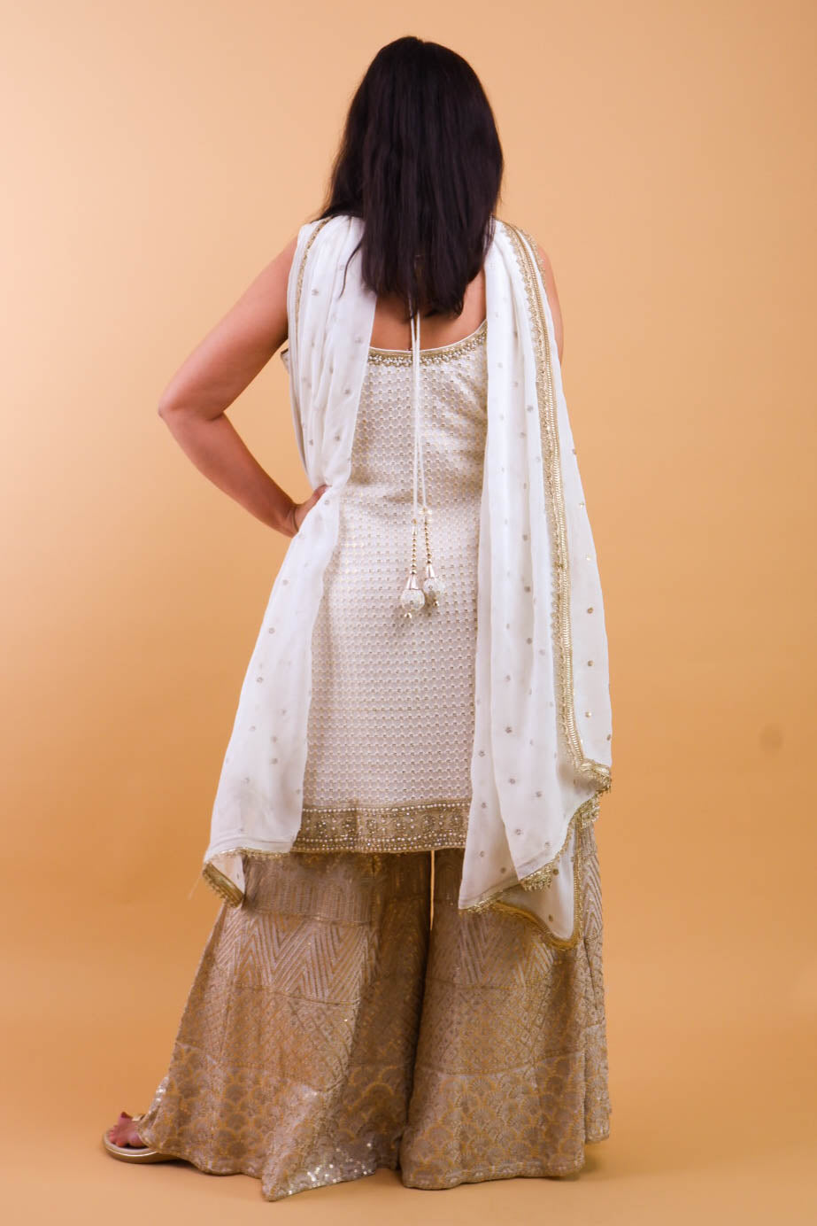 DH 144-Ivory Georgette Sharara Set - Dharini's Store