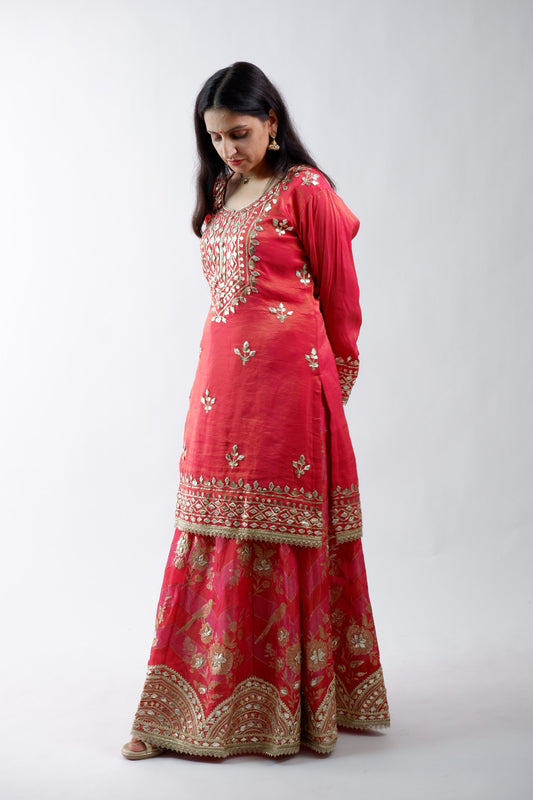 DH238-Deep Red Suit With Heavy Golden Embroidery & Floral Dupatta