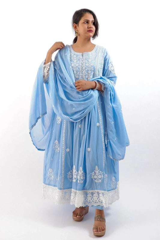 DH 129-B-Ethereal Sky Blue Embroidered Set - Dharini's Store