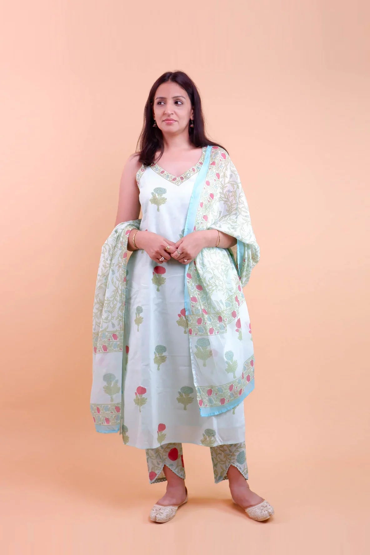 DH 124-B-Soft Mint Green Suit with Floral Print & Dupatta - Dharini's Store