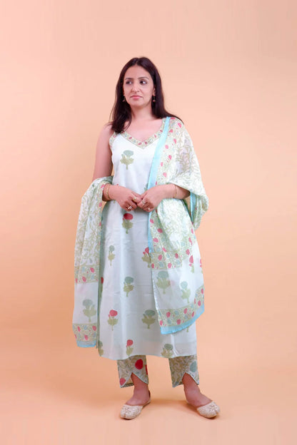 DH 124-B-Soft Mint Green Suit with Floral Print & Dupatta - Dharini's Store