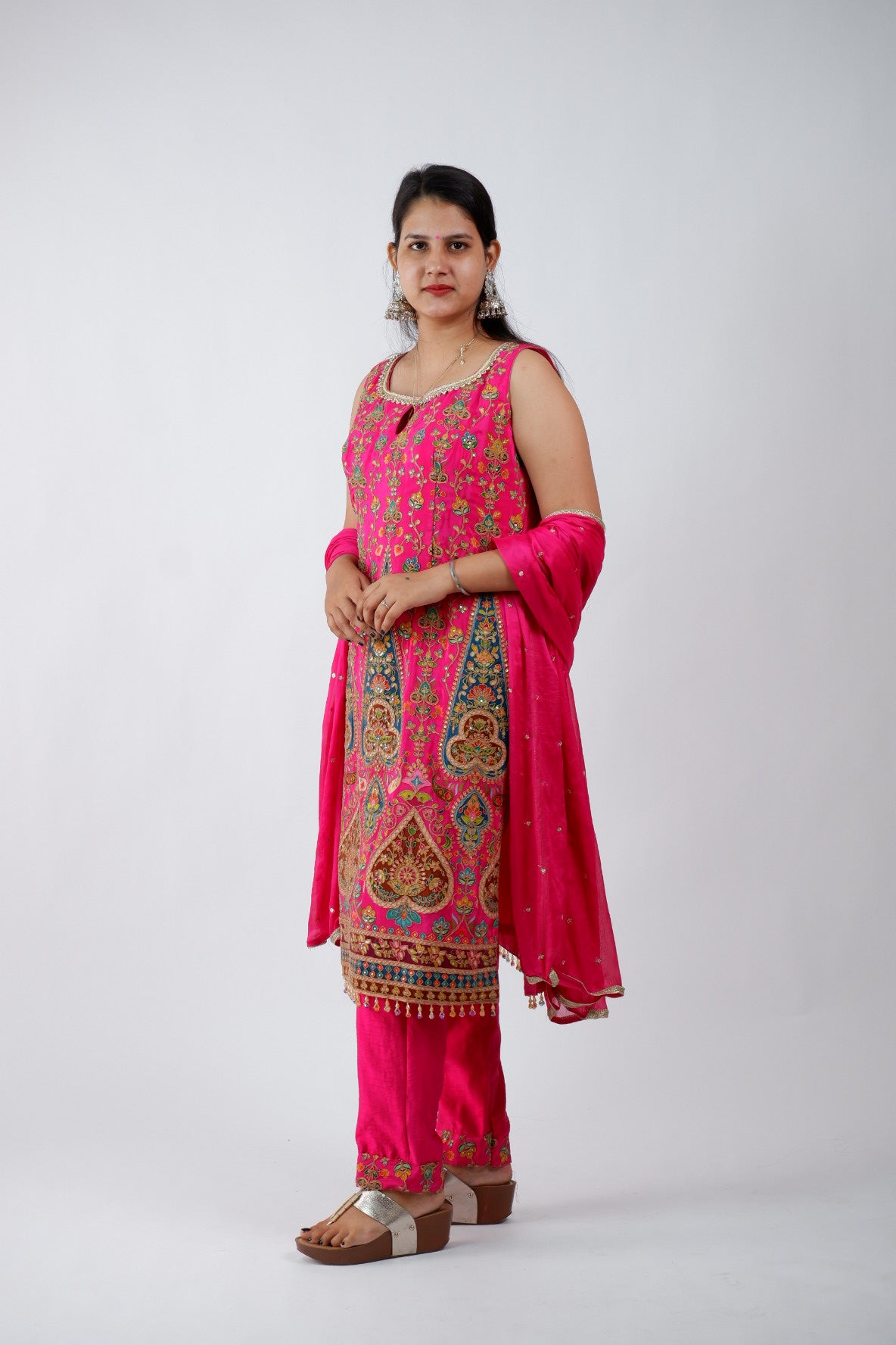 DH221-Vibrant Pink Embroidered 3-Piece Suit with Heavy Detailing