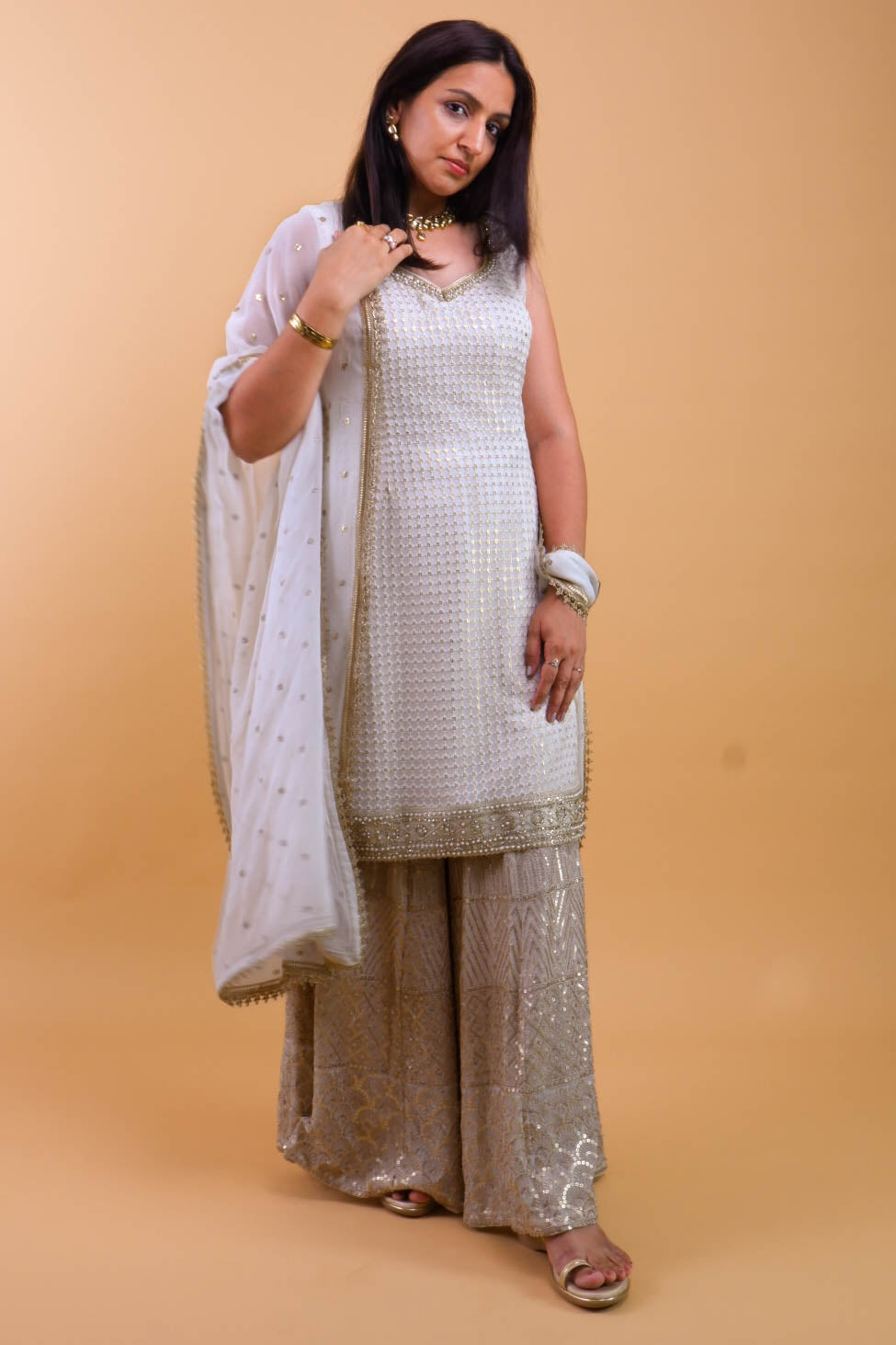 DH 144-Ivory Georgette Sharara Set - Dharini's Store