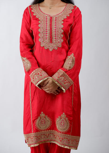 DH235-Classic Red Suit With Golden Embroidery And contrast Red Border