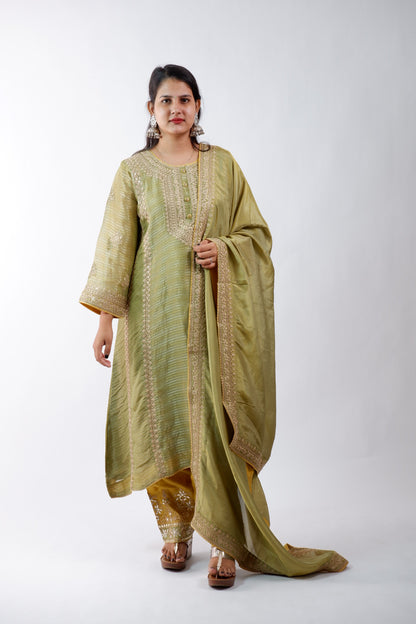 DH234-Olive GreenSuit With Intricate Golden Embroidery & Potli bag
