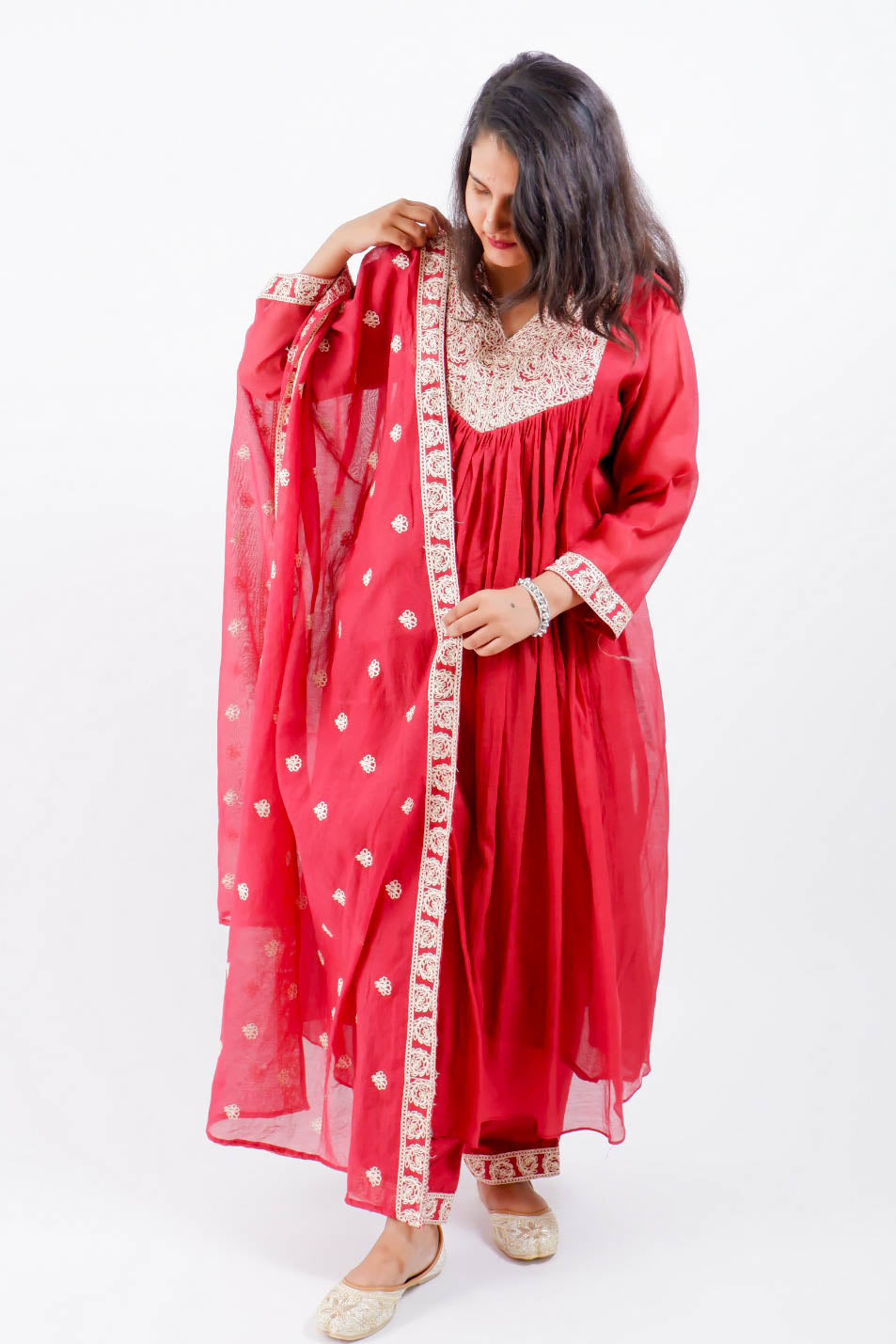 DH182-Crimson Red Embroidered Anarkali Set - Dharini's Store